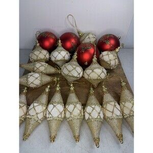 15 Gold Fabric Christmas Fabric Velour Beaded Ornaments + 4 Kurt Adler Red Balls